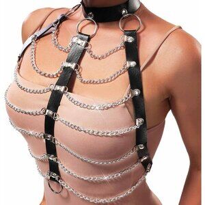 🆕Women Black Layered Chain Belt Leather Chest Harness Choker Chain Body Jewelry